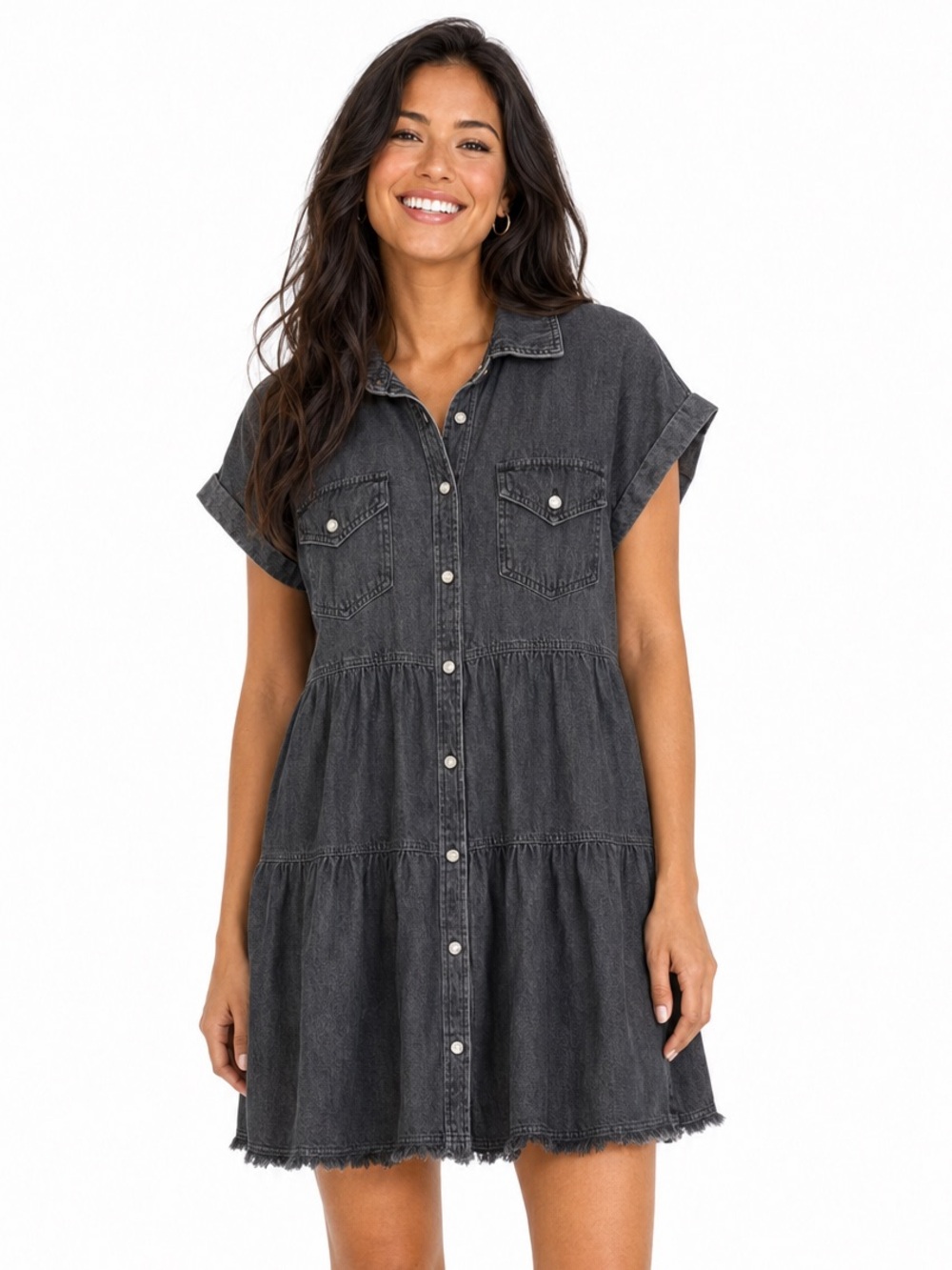 Entro Women’s Washed Black Denim Tiered Snap-Front Dress Size S